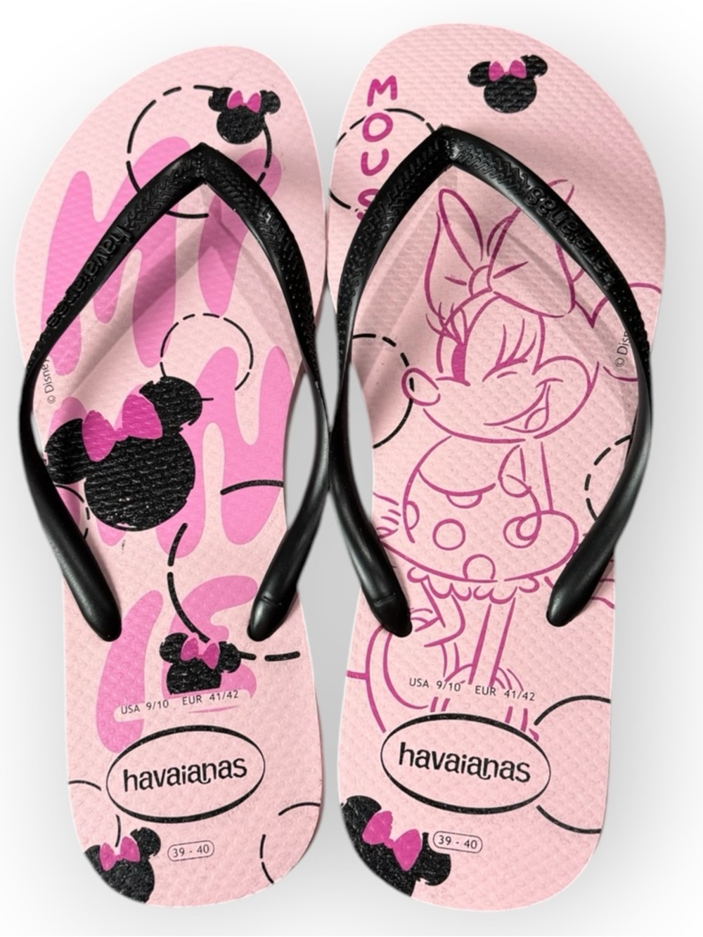 NWOT Havaianas Pink Minnie Mouse Graphic Slim Flip Flops with Black Straps